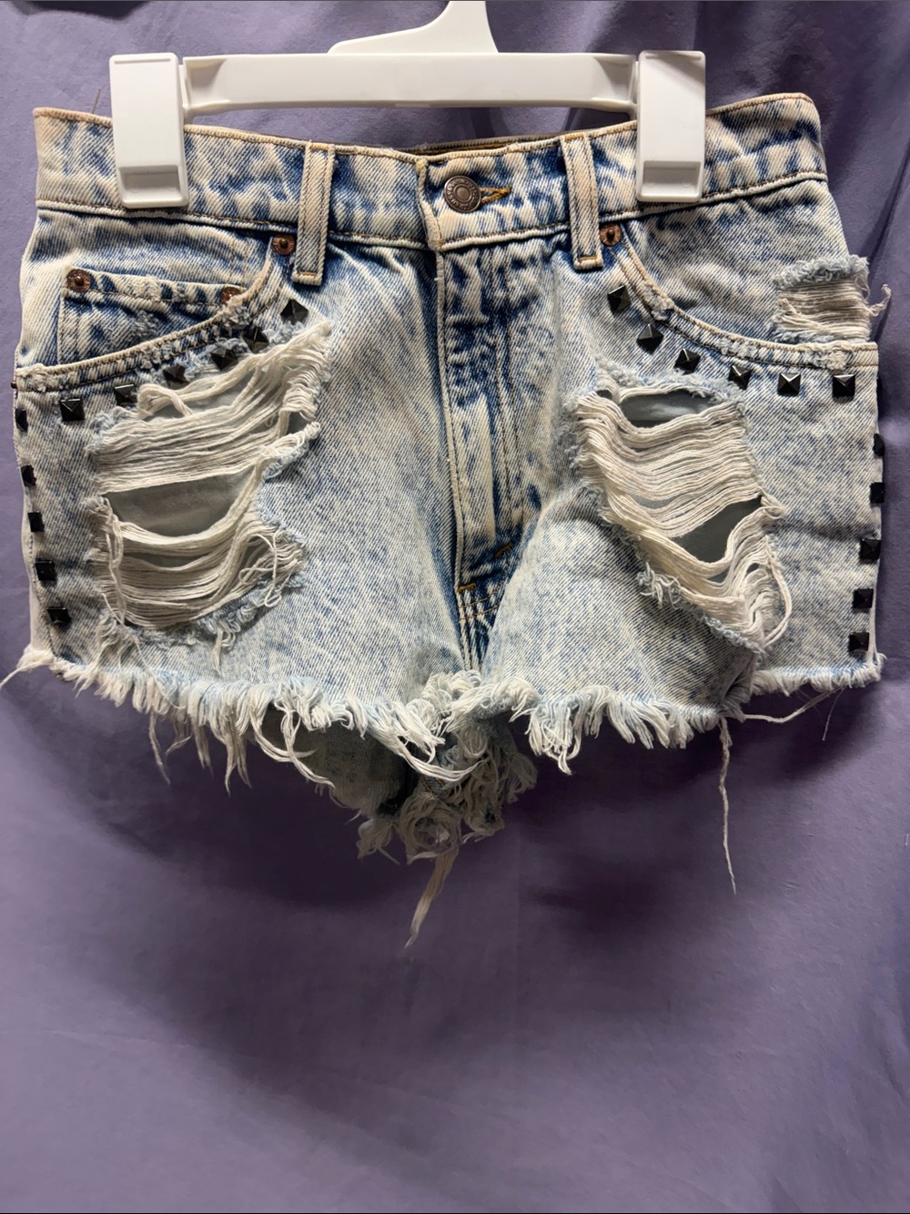 Light Blue Acid-Wash Distressed Denim Shorts with Stud Detail